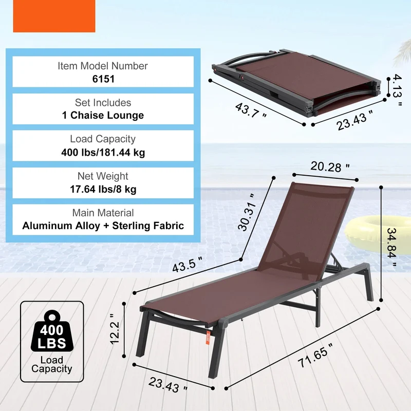 Ligstoel – Verstelbare Ligstoel – Tuinstoel – Strandstoel – Balkonstoel – 5 Verstelbare Standen – Lichtgewicht Aluminium Frame - Bruin - 17.64lbs