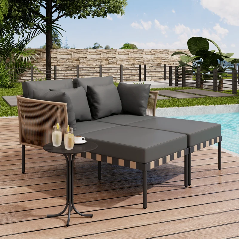 Loungeset Voor Buiten – Loungestoelen – Ligbank – Tuinmeubel – Buitenset – Gegalvaniseerd Ijzer – Zachte Kussens - Zwart + Grijs