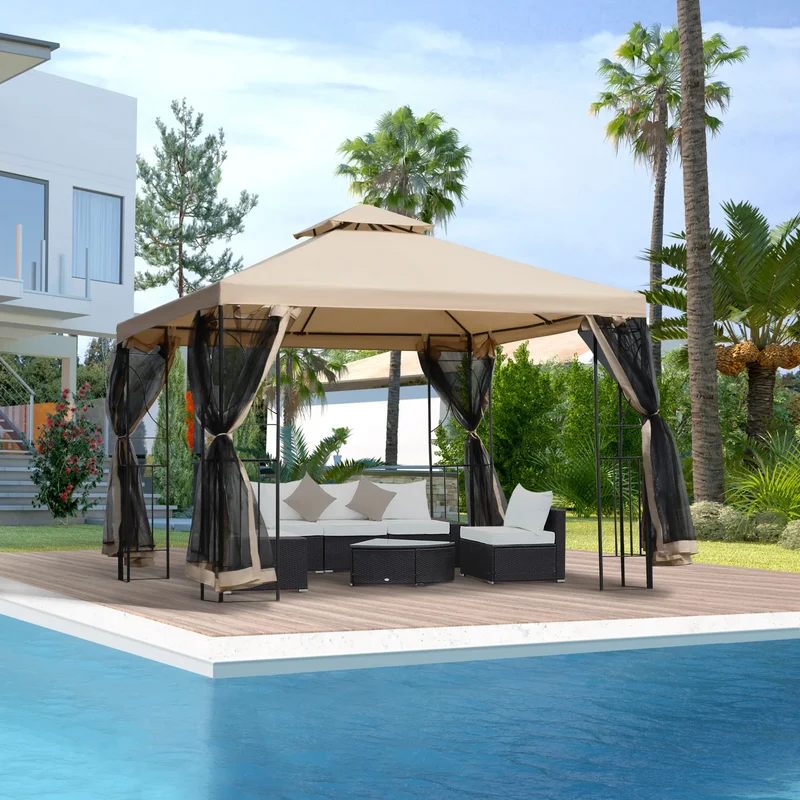 Tuinpaviljoen – Tuintent – Overkapping – Tuinhuis – Zomerhuis – Waterafstotend Polyester Dak – Metalen Frame Met Planken