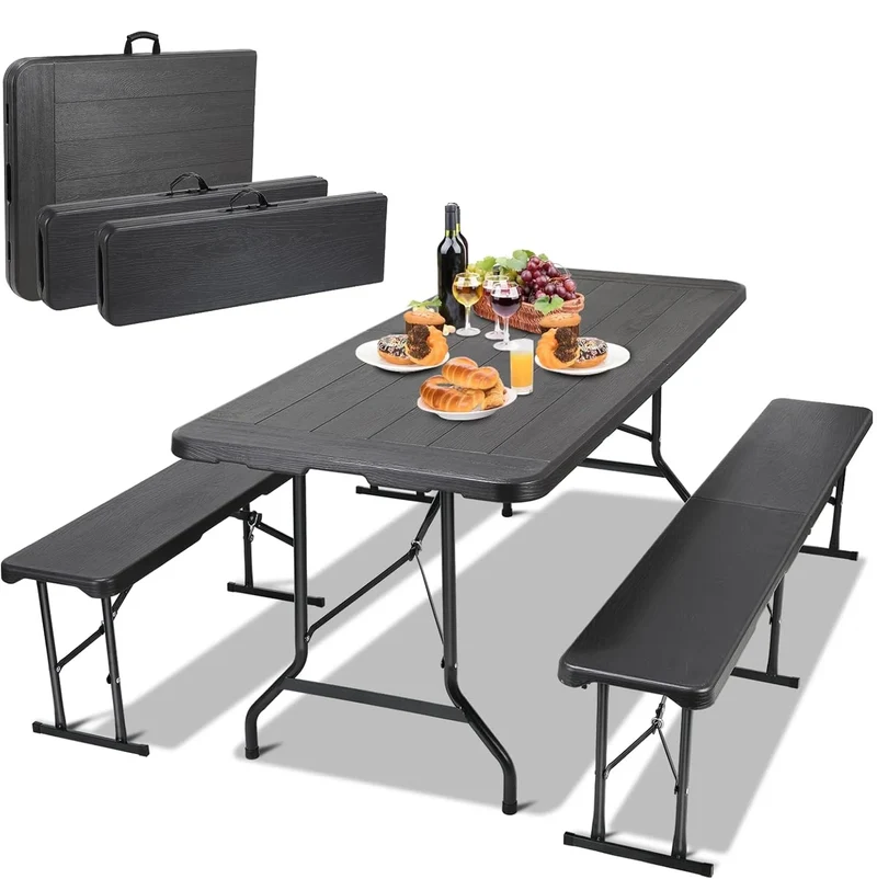 Inklapbare Tafelset – Inklapbare Tafel Met Banken – Opvouwbare Tafel – Picknicktafel – Campingtafel – Weerbestendig Stalen Frame – Compact Op Te Bergen