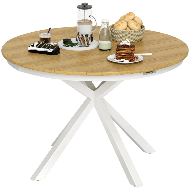 Ronde Tuinset Tafel – Buitentafel – Balkon Tafel – Tuinmeubel – Aluminium Tafel – Teak Kleurig Blad – Verstelbare Poot