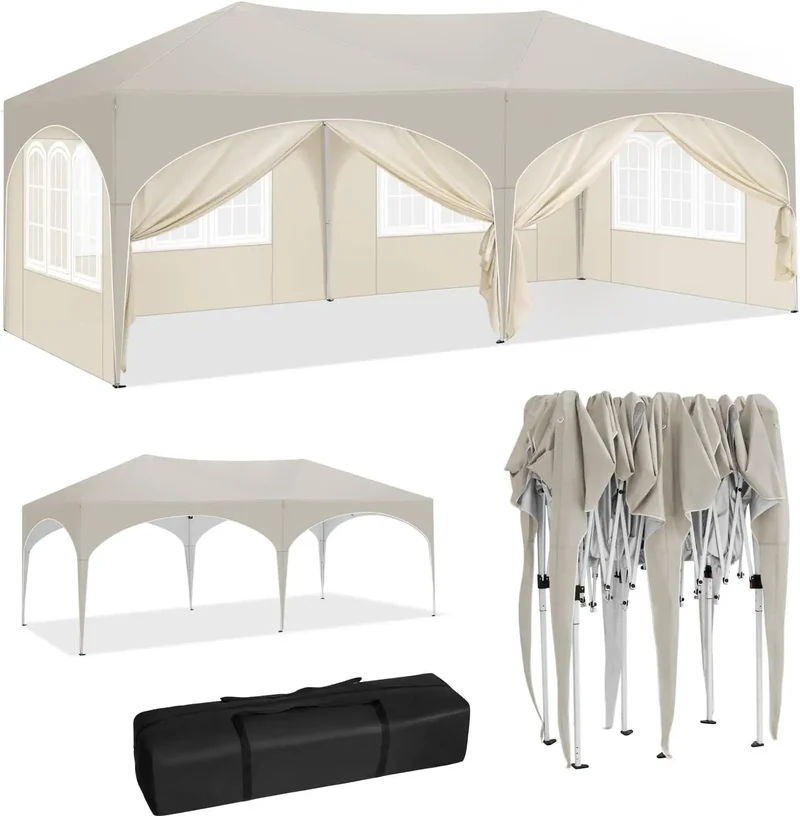 Tuinpaviljoen – Partytent – Tuinpartytent – Tent – Buitentent – Paviljoen – met 6 Verplaatsbare Zijwanden - Waterdicht 210D Oxford Polyester – Stalen Frame Met Roestwerende Coating - 3x6 m - Beige