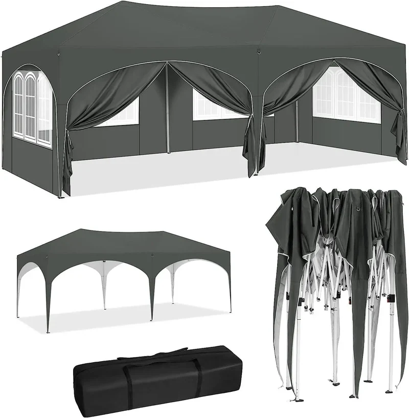 Tuinpaviljoen – Partytent – Tuinpartytent – Tent – Buitentent – Paviljoen – met 6 Verplaatsbare Zijwanden - Waterdicht 210D Oxford Polyester – Stalen Frame Met Roestwerende Coating - 3x6 m - Zwart