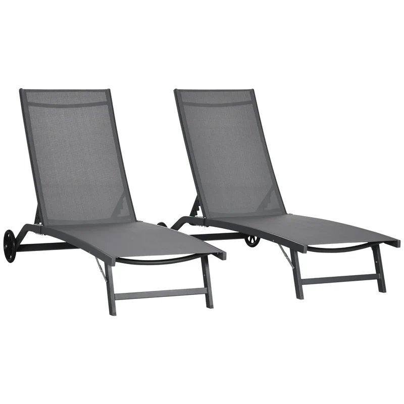 Ligbedden – Tuinligbedden – Verstelbare Ligstoelen – Buitenligbedden – Aluminium Frame – Ademend Mesh – Wieltjes - Donkergrijs