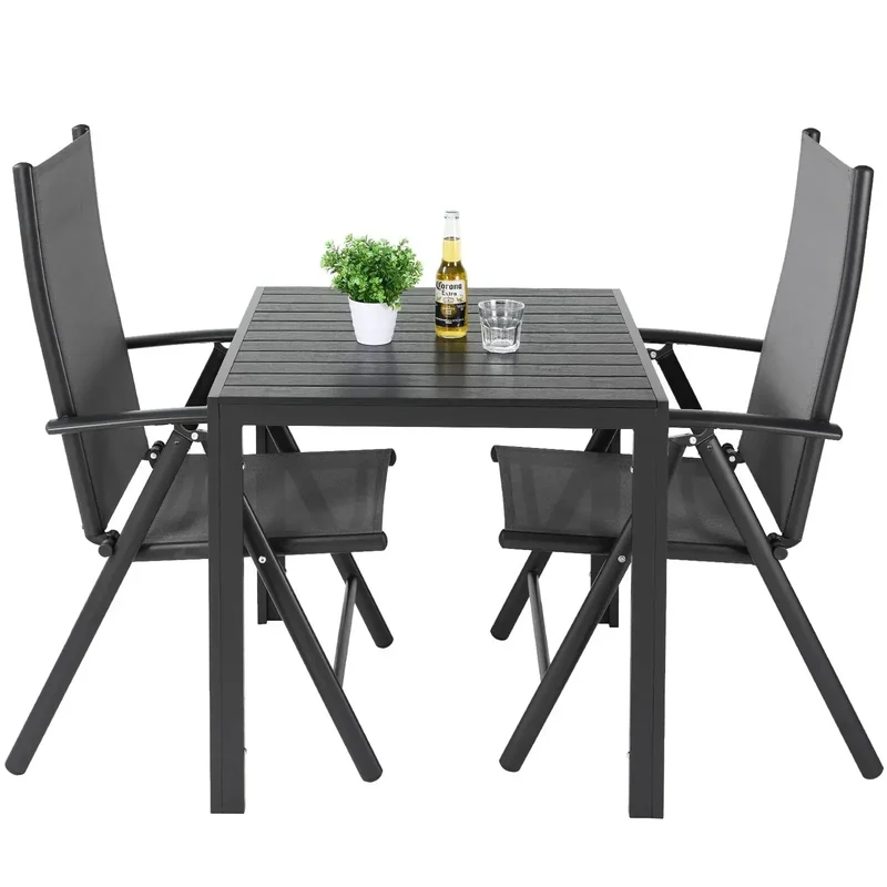 3-Delige Tuintafelset – Tuinmeubelset – Balkonset – Klapstoelset – Verstelbare Stoelen – Weerbestendig Aluminium - Zwart
