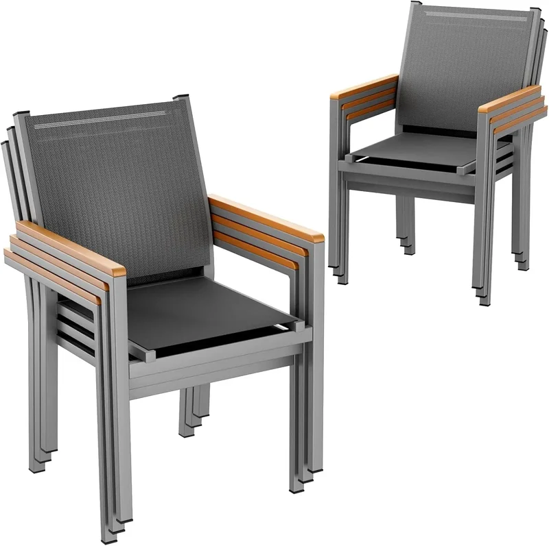 Tuinstoelen – Stapelbare Stoelen – Tuinmeubilair – Buitenstoelen – Aluminium Frame – Ademend Textilene – Weerbestendig - Set van 6 - Grijs