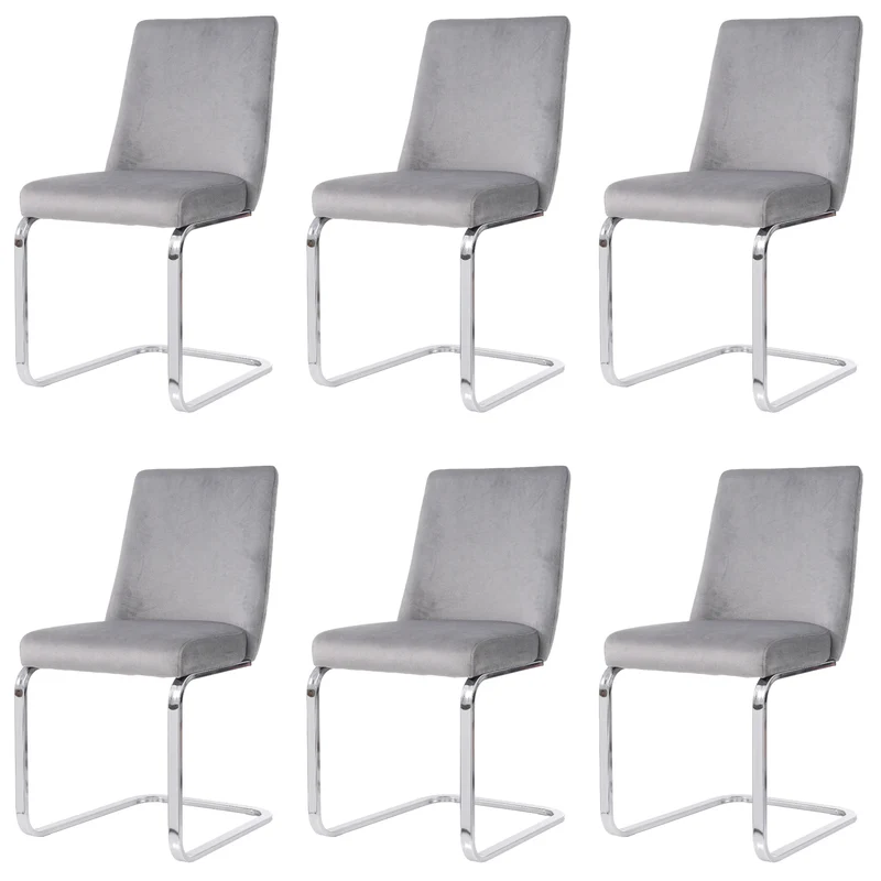 Eetkamerstoel – Set Van 6 - Velours Woonkamerstoel – Comfortabele Fauteuil – Lounge Stoel – Zacht Gewatteerd Zitvlak – Zilver Metalen Pootjes - Grijs