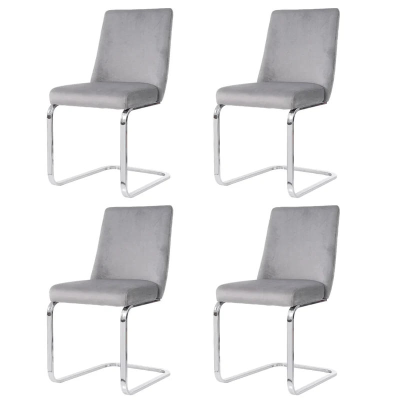 Eetkamerstoel – Set Van 4 - Velours Woonkamerstoel – Comfortabele Fauteuil – Lounge Stoel – Zacht Gewatteerd Zitvlak – Zilver Metalen Pootjes - Grijs