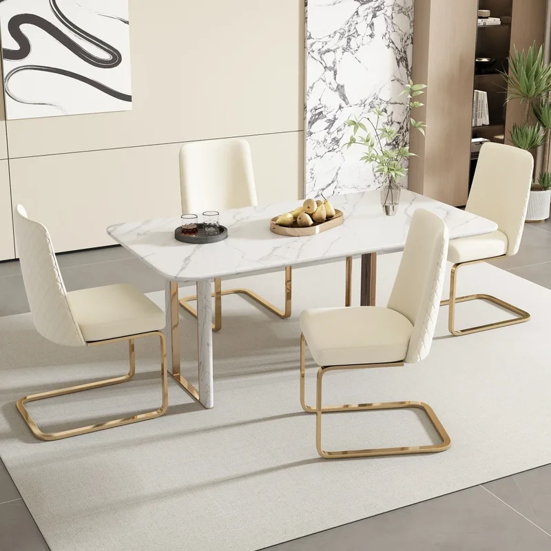 Eetkamerstoel – Set Van 4 - Velours Woonkamerstoel – Comfortabele Fauteuil – Lounge Stoel – Zacht Gewatteerd Zitvlak – Goud Metalen Pootjes - Beige