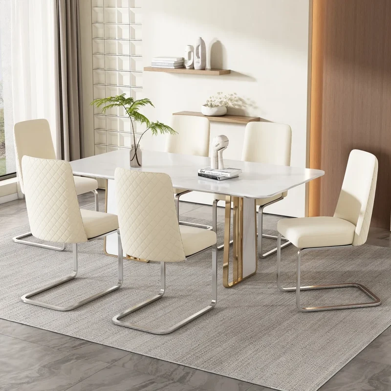 Eetkamerstoel – Set Van 6 - Velours Woonkamerstoel – Comfortabele Fauteuil – Lounge Stoel – Zacht Gewatteerd Zitvlak – Zilver Metalen Pootjes - Beige