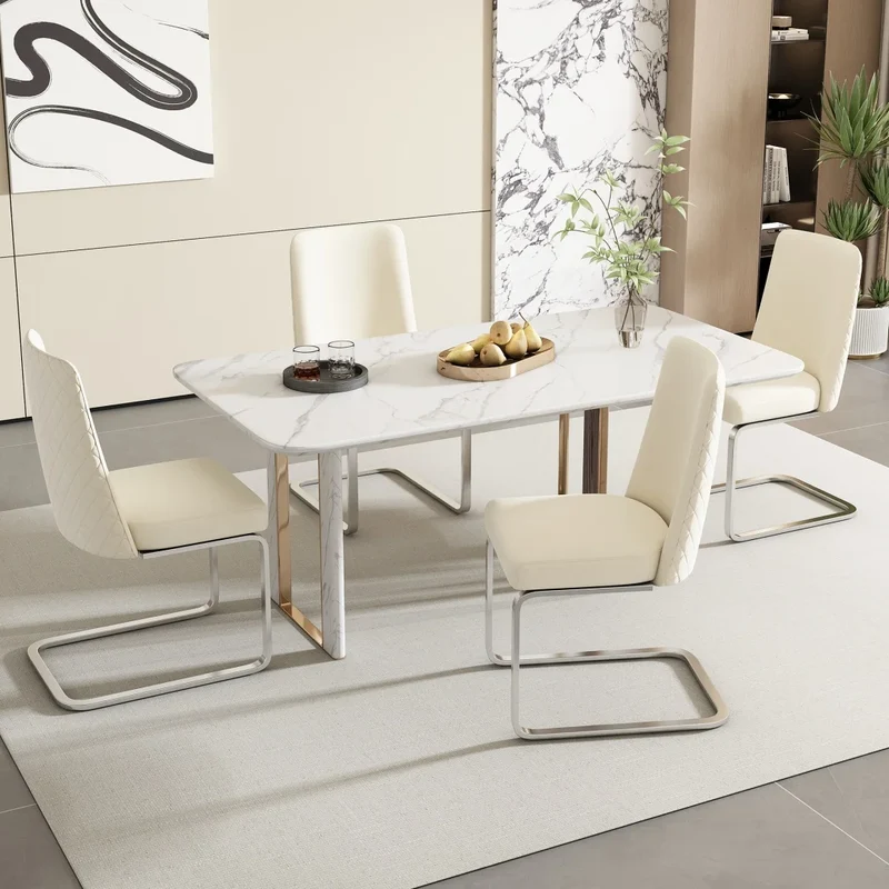 Eetkamerstoel – Set Van 4 - Velours Woonkamerstoel – Comfortabele Fauteuil – Lounge Stoel – Zacht Gewatteerd Zitvlak – Zilver Metalen Pootjes - Beige