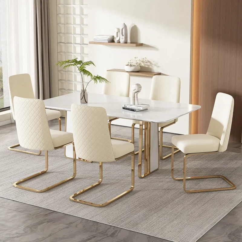 Eetkamerstoel – Set Van 6 - Velours Woonkamerstoel – Comfortabele Fauteuil – Lounge Stoel – Zacht Gewatteerd Zitvlak – Goud Metalen Pootjes - Beige