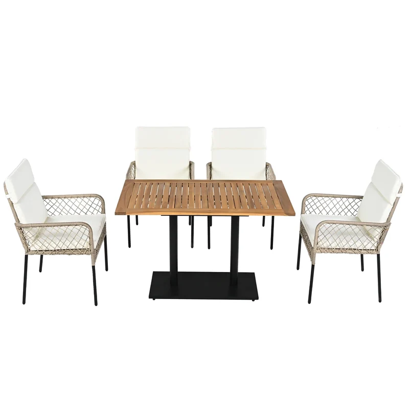Tuinmeubelset - 5-Delige Eettafelset – Tuinset – Balkonset – Terrasmeubilair – Buitentafel – Acaciahout – Polyrattan Stoelen - Wit