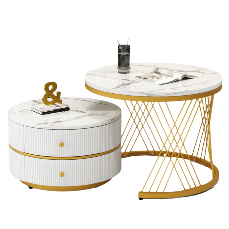 Salontafelset – Tafels – Salontafels – Woonkamertafels – Opbergtafels – Hoogglans Marmerlook – Twee Lades – Stevig Tot 30 Kg - Goud