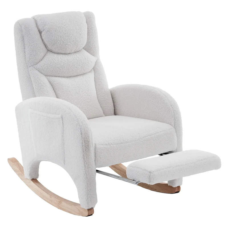 Schommelstoel – Relaxstoel – Hangstoel – Stoel Met Voetsteun – Teddy Bekleding – Ergonomische Rugleuning – Opvouwbare Voetsteun - Wit