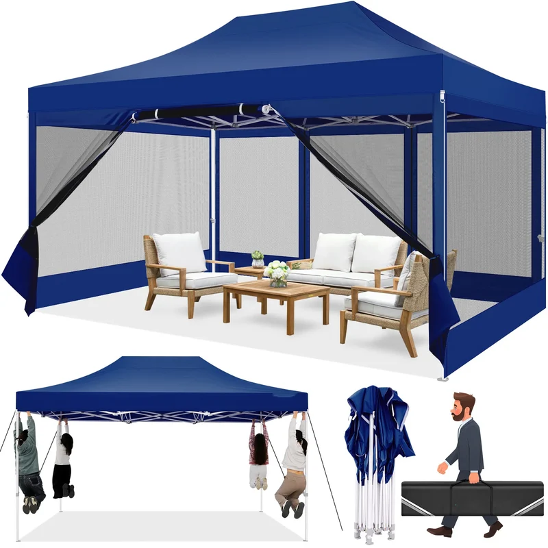 Tuinpaviljoen - Tuintent Opvouwbaar – Partytent – Campingtent – Verandatent – Insectenbeschermd – Waterdicht 420D Oxford – Verstelbare Hoogte - 3 x 4.5 m - Marineblauw