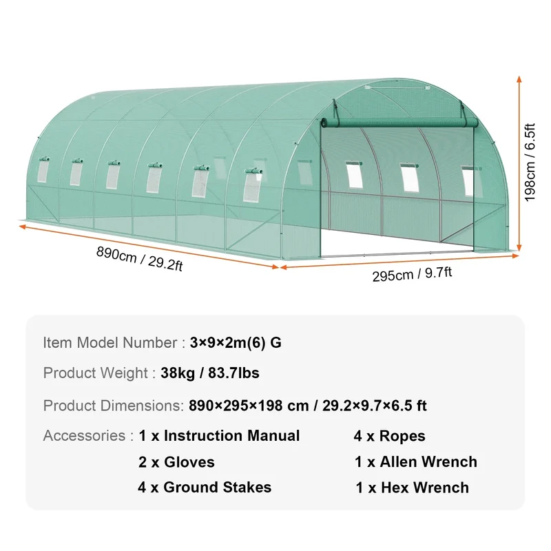 Walk-in Tunnelkas - Tuinkas - Tunnelserre - Grote - Stalen Frame - Weerbestendige - met Vensters - Voor Tuin - en Kleine Boerderij - 30x10x7ft - Groen