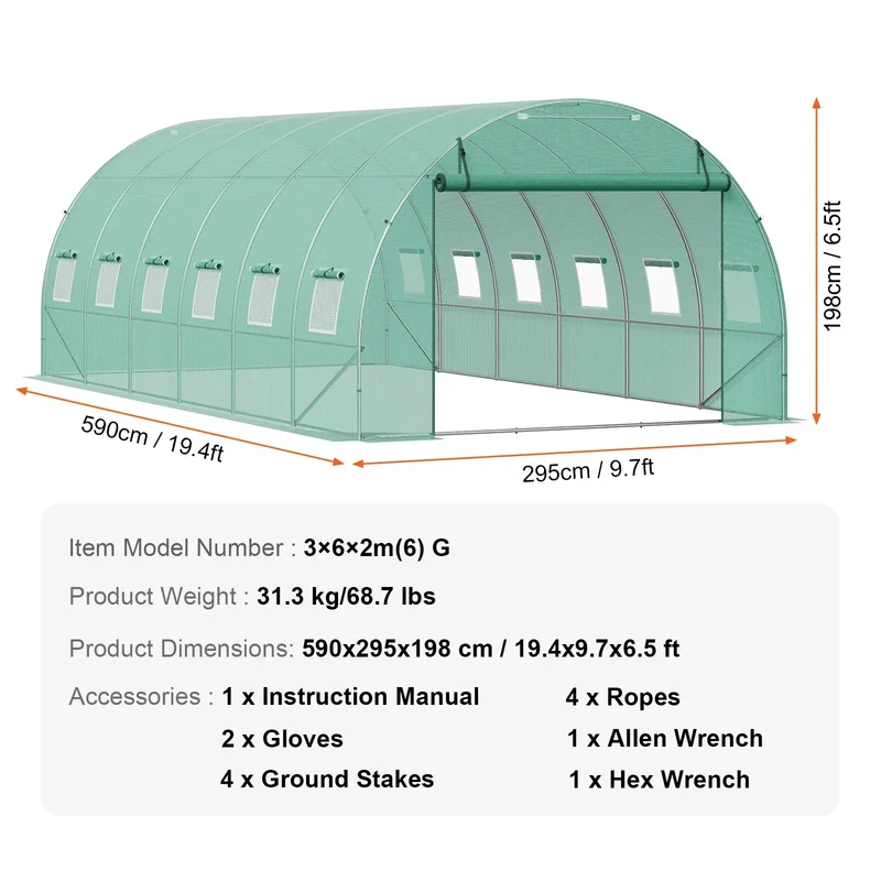 Walk-in Tunnelkas - Tuinkas - Tunnelserre - Grote - Stalen Frame - Weerbestendige - met Vensters - Voor Tuin - en Kleine Boerderij - 20x10x7ft - Groen