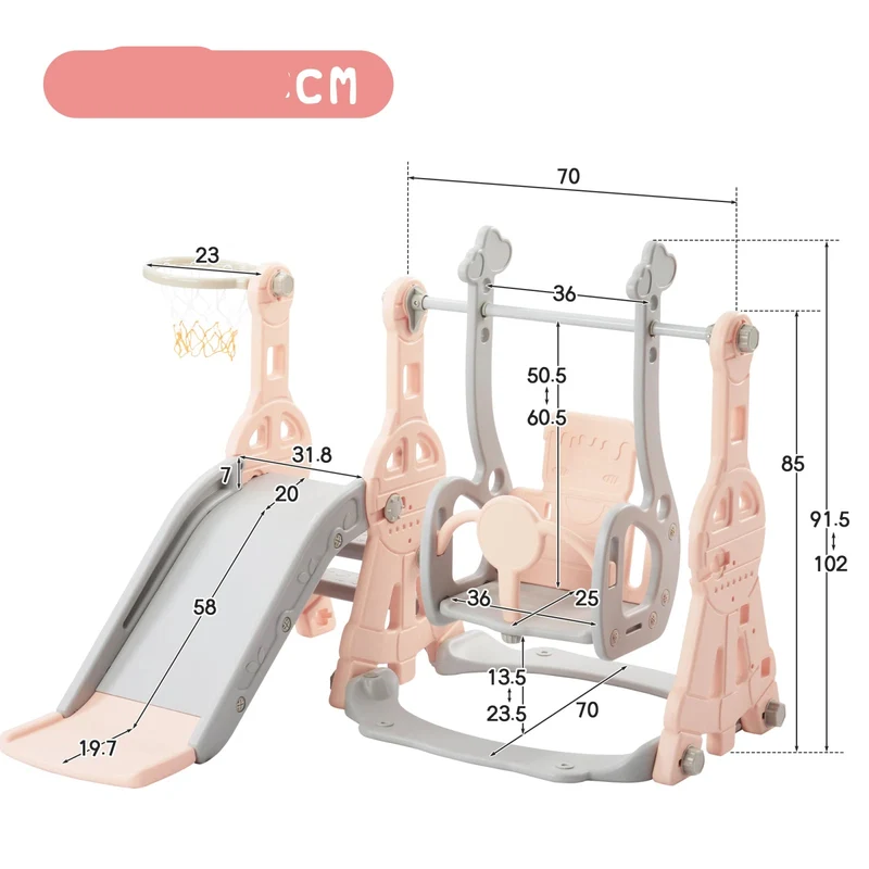 Kinder Speeltoestel - 4-in-1 - Speeltoestel - Schommel - Glijbaan - Basketbal - Klimladder - Binnen - Buiten - Roze - 140 x 118 x 102 cm