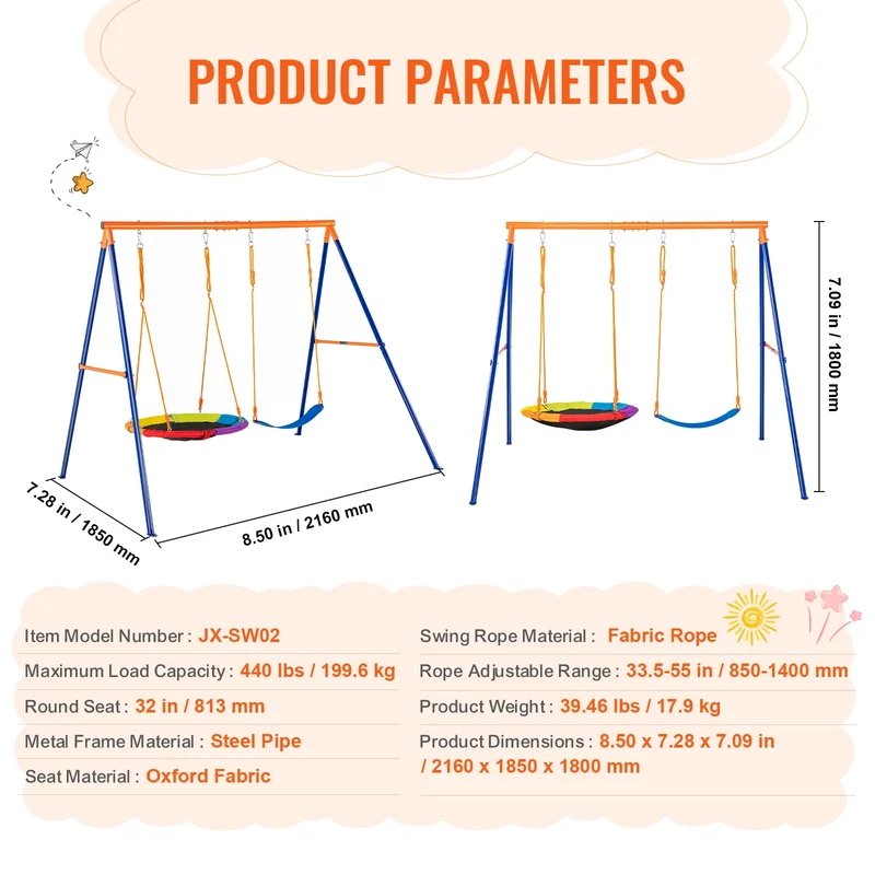 Kinderschommel - Schommel - Outdoor Schommel - 3-in-1 - Metalen A-Frame Schommel - Tuinspeelgoed - Voor 3-6 Jaar - Tot 272 kg - 2 Personen