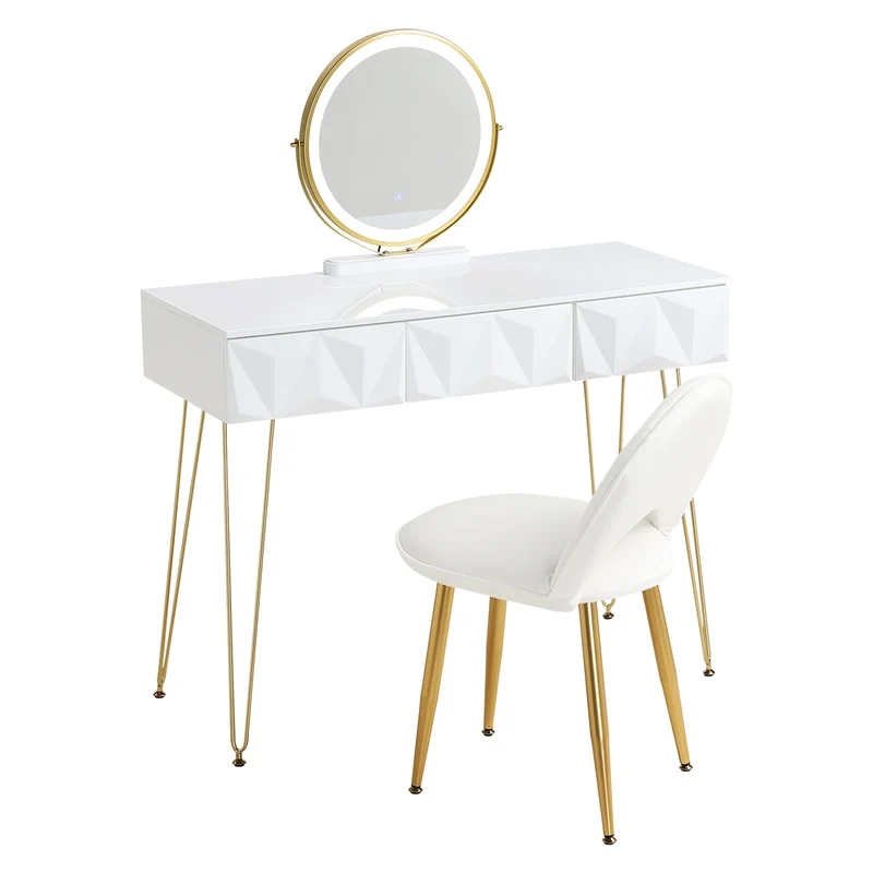 Make-Uptafel – Make-Up Meubel – Schminktafel – Beautytafel – Met Led-Verlichting – 3 Ruime Laden – Velvet Stoel