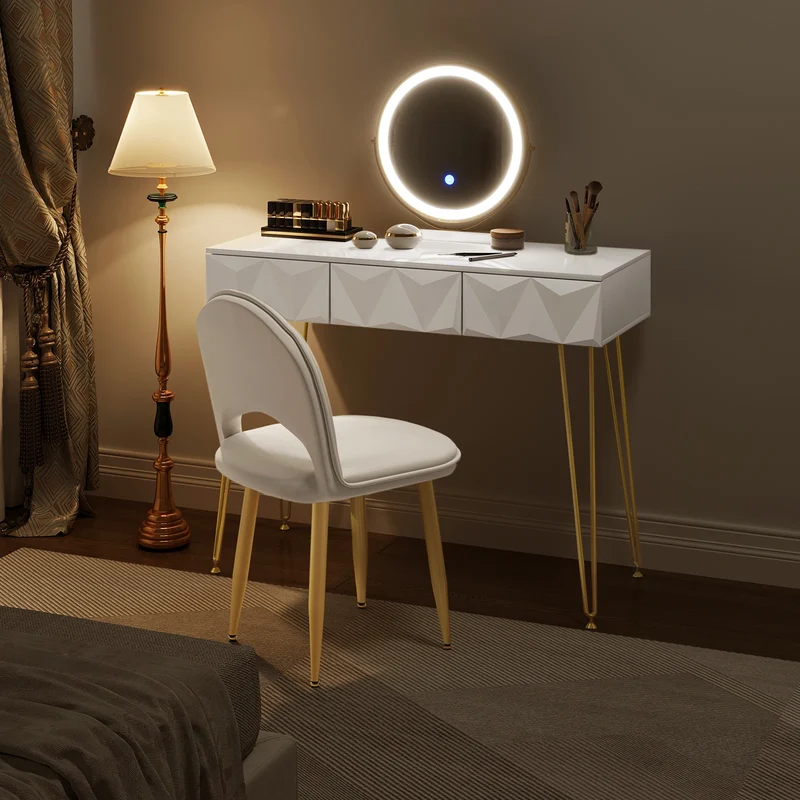 Make-up Tafel Set met 3-Niveau Verstelbare LED Spiegel en Fluwelen Stoel – 80x40 cm – Dressoir voor Slaapkamer – Perfect Cadeau voor Meisjes en Vrouwen