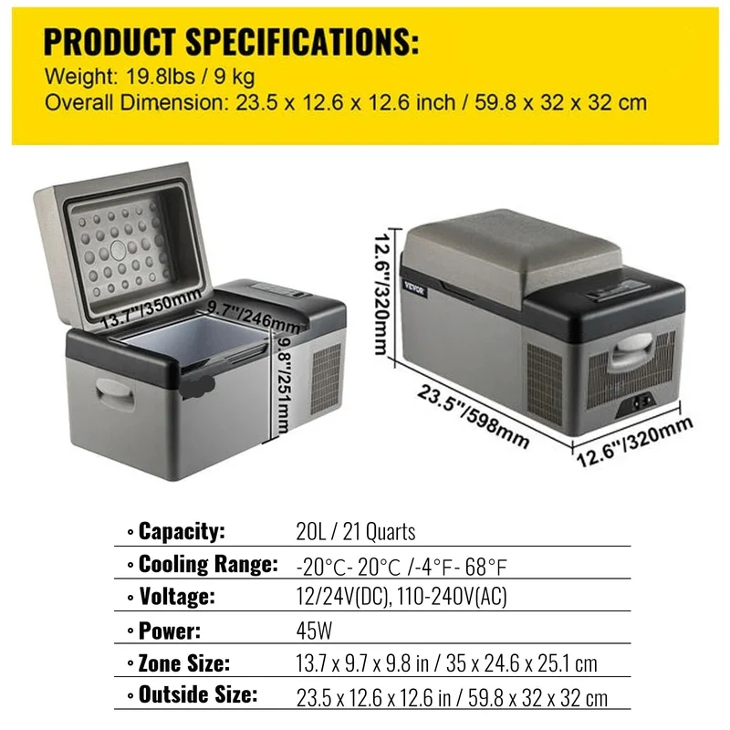 Mini Koelkast - Camping Koelkast - Auto Koelkast - 12V/24V 110-240V - Compressor Koelbox - Minikoelkast Eten & Drinken - 20L
