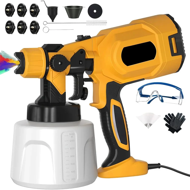 Elektrische Verfspuit - Professioneel Spuitpistool - Met 1400ml Tank - 4 Verstuivers & 3 Spuitpatronen -Makkelijk Schoonmaken - Draagbaar voor Meubels - Hekken - 6 Nozzle - Geel