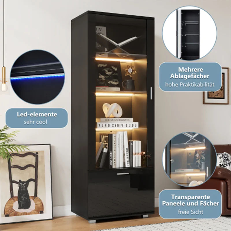 Vitrinekast - Met glazen deur - Zwart Hoogglans - LED Verlichting - 3 Planken