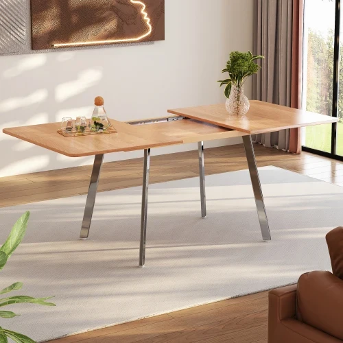 Uitschuifbare Eettafel - Naturel kleur - Zilver verchroomde poten - 140 cm x 80 cm - uitschuifbaar tot 180 cm - sterke legering steunen - geschikt voor 4-6 personen