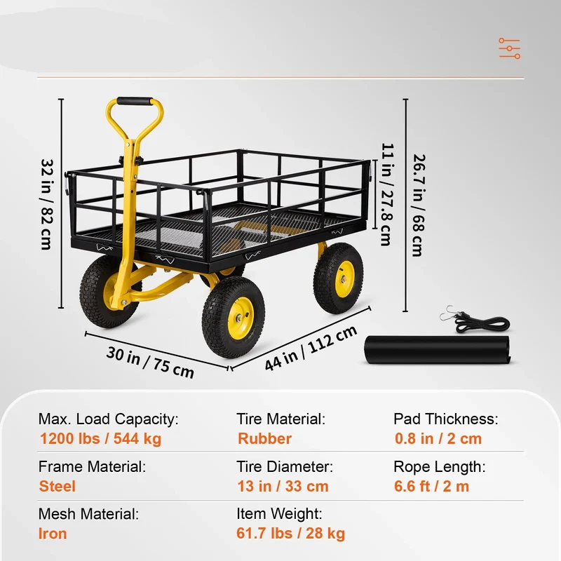 Tuinwagen - Tuinkar - Bolderkar - Strandkar - Verwijderbare Gaaswanden - Luchtbanden - Rubberen Handvat - Heavy-duty - 1200 Lbs