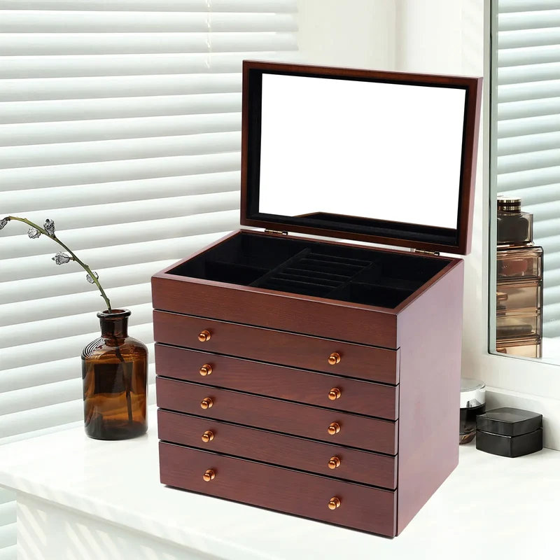 6-Lagen Houten Sieradendoos - Met 5 Lades - Grote Sieraden- en Accessoire Organizer - Opbergdoos - Vintage met Spiegel