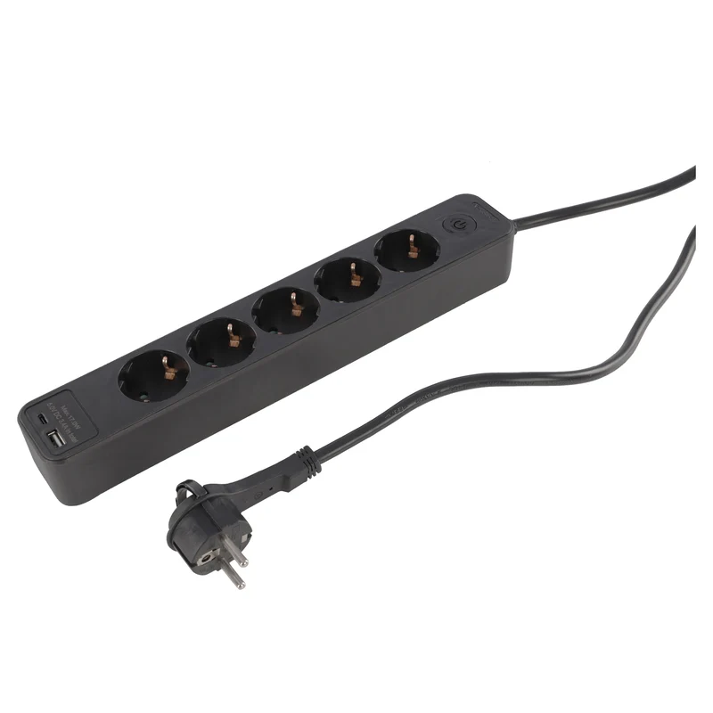 Q-Link stekkerdoos 5-voudig 5x geaard, 1x USB A, 1x USB C zwart 1,5m