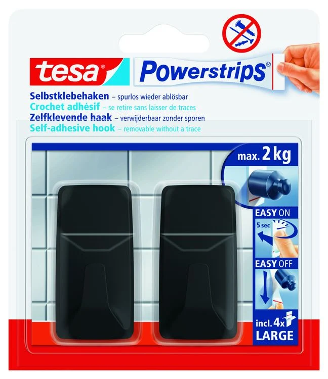 Tesa Powerstrips zelfklevende haak rechthoek kunststof zwart 2st