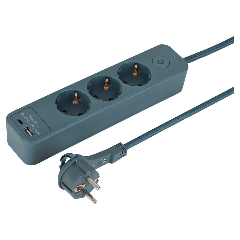 Q-Link stekkerdoos 3-voudig 3x geaard, 1x USB A, 1x USB C petrol 1,5m