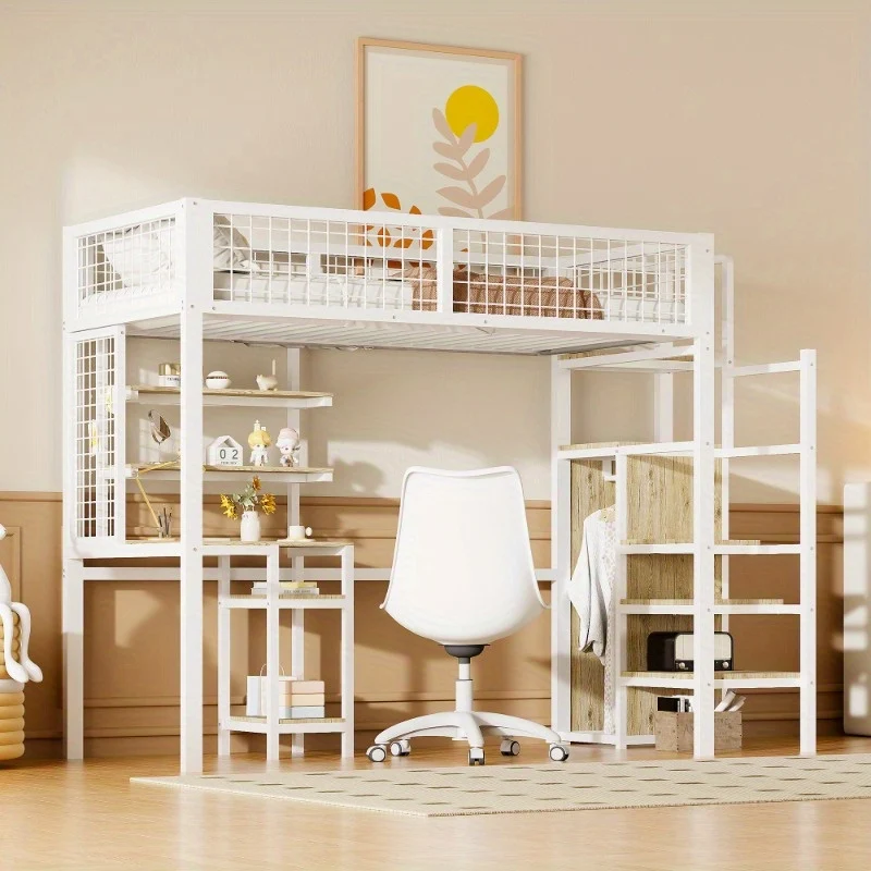 Hoogslaper – Kinderhoogslaper – Stapelbed – Eenpersoonsbed – Kinderbed – Met Veiligheidsladder – Metalen Kledingkast en Wit Bureau – 90x200 cm – Ruimtebesparend Design
