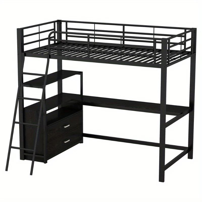 Hoogslaper Bed – Stapelbed – Studiebureau Bed – Ruimtebesparend Bed – Loft Bed Zwart – Stevig Metalen Frame – Ingebouwd L-Vormig Bureau