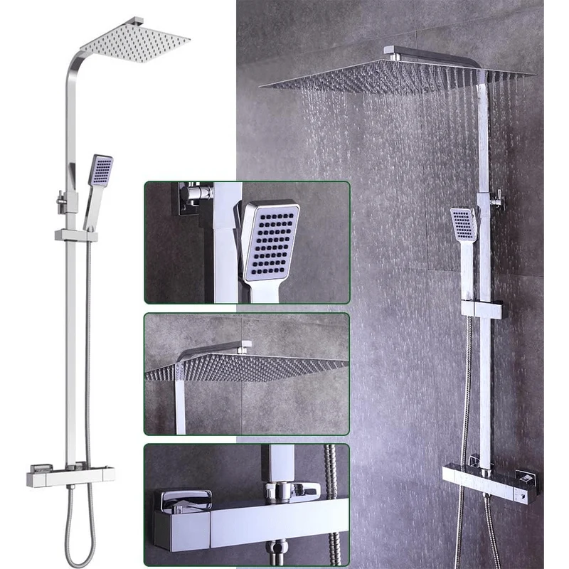 Thermostatisch Douchepaneel – Douche Set – Regendouche – Handdouche – Douchekraan – 30x30 cm Regendouche – Messing en RVS – Veiligheidsknop 38°C Veiligheid
