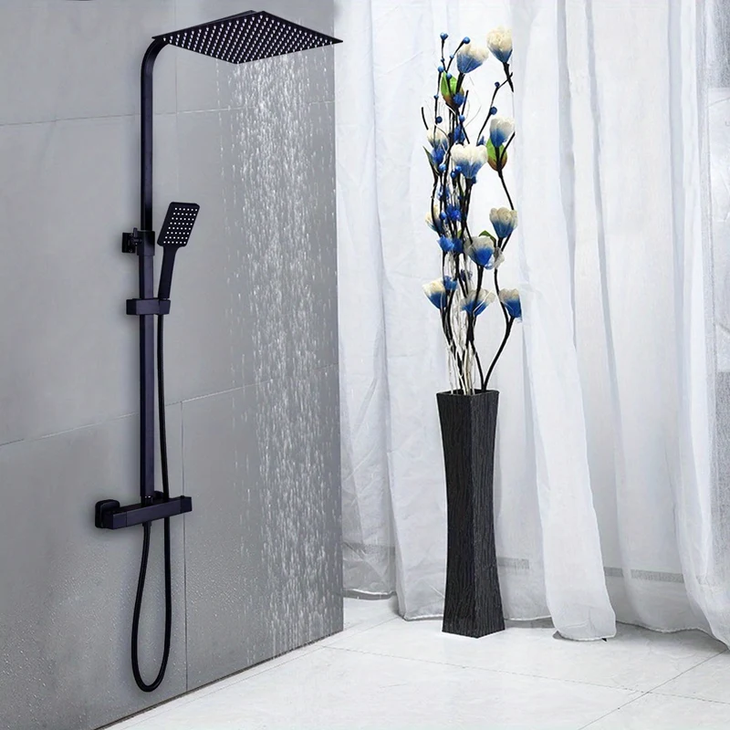 Modern Zwart Douche Systeem – Douche Set – Regendouche – Handdouche – Thermostatische Douchekraan – Messing & RVS – 360° Draaibaar & Instelbare Hoogte