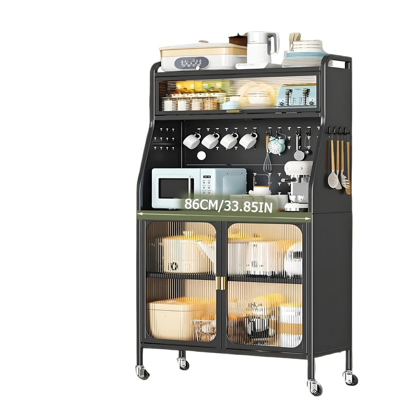 Keukenkast – Keukenkast Op Wielen – Opbergkast – Servieskast – Werkbank – Zwart Metalen Kast 86 cm – Verstelbare Legplanken – Stevig & Mobiel