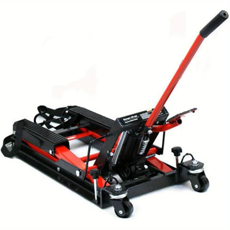 Motorfietsbrug – Motorlift – Motorkrik – Motorheftafel – Werkplaatskrik – Hydraulisch – Max. Draagvermogen 680 kg – Rubberen Anti-Slip Oppervlak – Verstelbare Hoogte – Rood