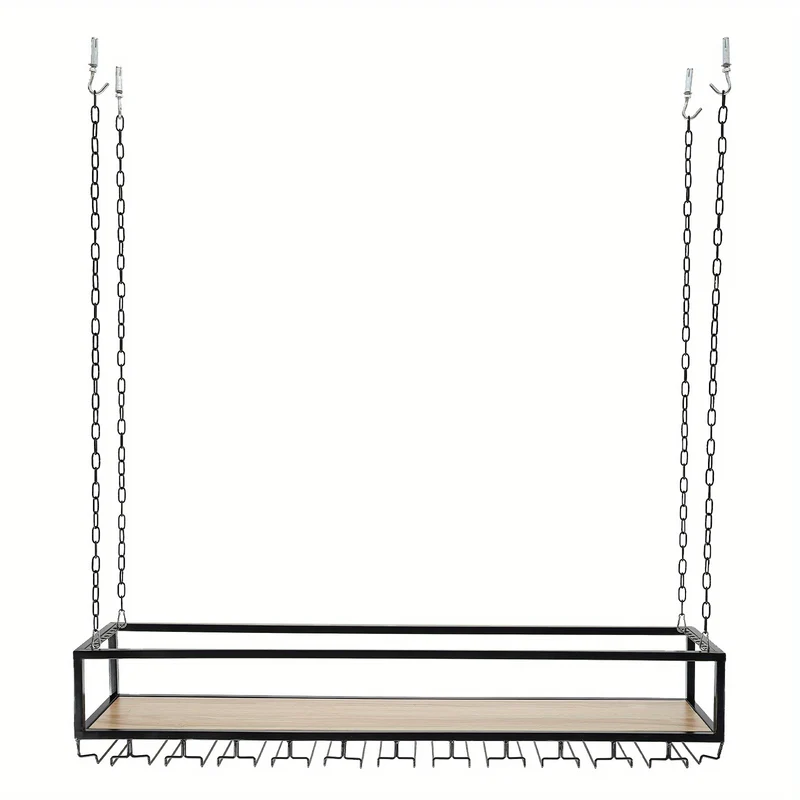 Wijnrek – Flessenrek – Wijnhanger – Wijnflessenhouder – Glazenrek – Verstelbaar in Hoogte – Zwart Gepoedercoat Metaal & Hout – 140x25x100 cm