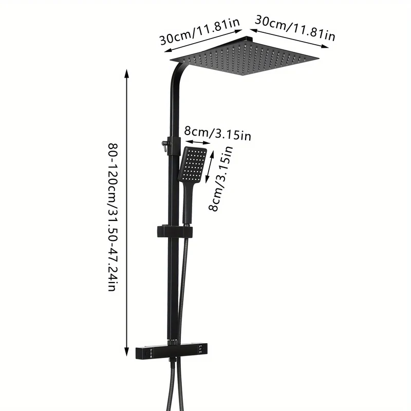 Doucheset – Regenset – Douchegarnituur – Handdouche – Douche-installatie – Thermostaatkraan – Vierkante Regendouche 30x30 cm – Messing & RVS Zwart