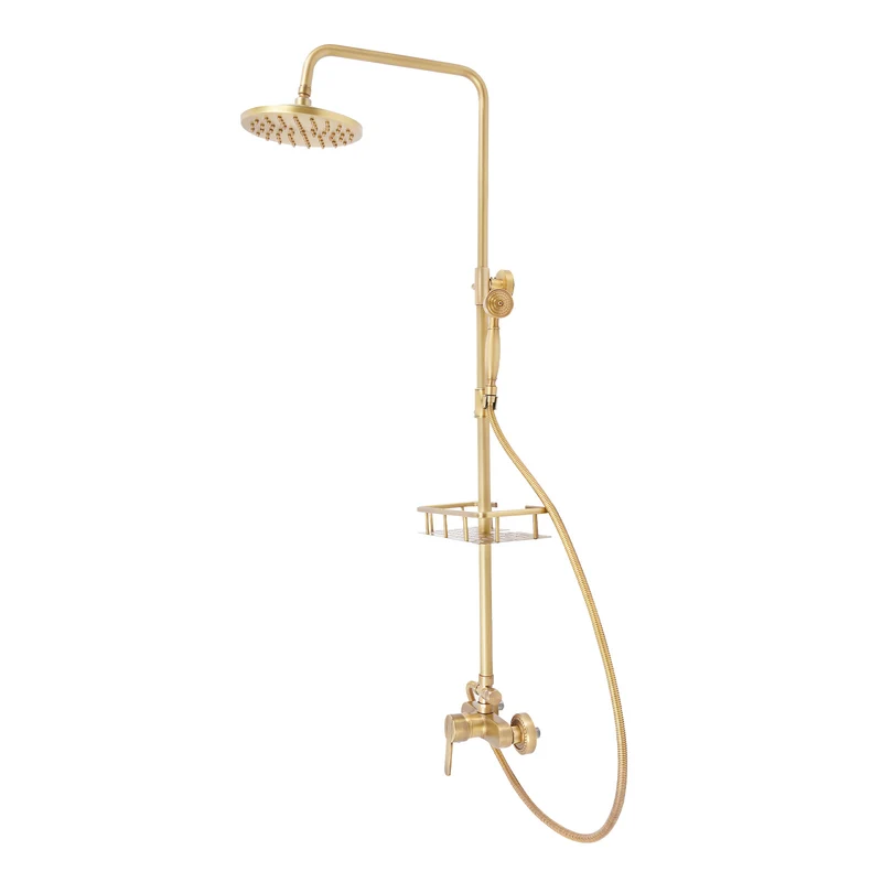 Douchepakket – Douchezuil – Douche Set – Regendouche – Handdouche – Verstelbare Hoogte 75-120 cm – Massief Messing Antiek Koper – 20 cm Regendouchekop – Wandmontage Met Keramische Klep