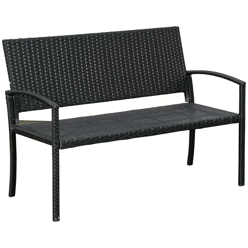 Tuinbank – Buitenbank – Parkbank – Loungebank – Zitbank – Polyrattan – Met Stalen Frame – 2-Zits – Weerbestendig – 122x60x87 cm – Zwart