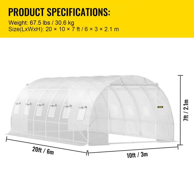 Kweekkas - Walk-in Tunnel Tuinkas - Tuinkassen - Kas - Tomatenhuis - 20x10x7 ft – Stalen Frame – Witte PE Cover – Roll-up Ritsdeur – Plantenhuis - Serre - Bescherming & Ventilatie voor Planten