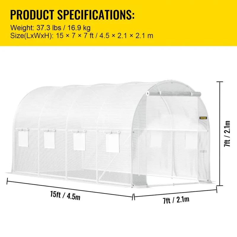 Kweekkas - Walk-in Tunnel Tuinkas - Tuinkassen - Kas - Tomatenhuis - 15x7x7 ft – Stalen Frame – Witte PE Cover – Roll-up Ritsdeur – Plantenhuis - Serre - Bescherming & Ventilatie voor Planten