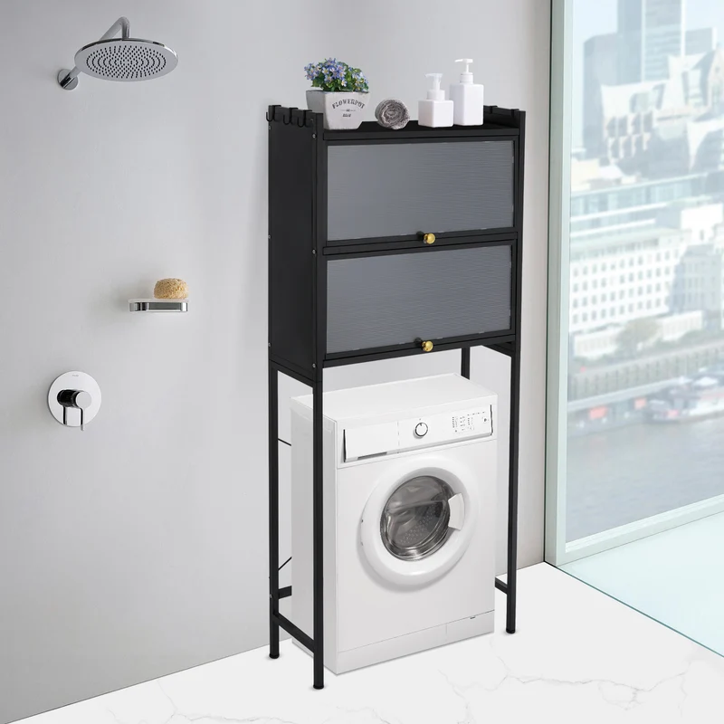 Wasmachine Meubel – Wasmachine Kast – Wasmachine Ombouw – Wasmachine Opbergrek – Wastafel Meubel – Zwart – 3-Lagens Opbergruimte – 6 Afneembare Haken – Carbonstaal & Kunststof – Vrijstaand – Compact 70x25x167 cm