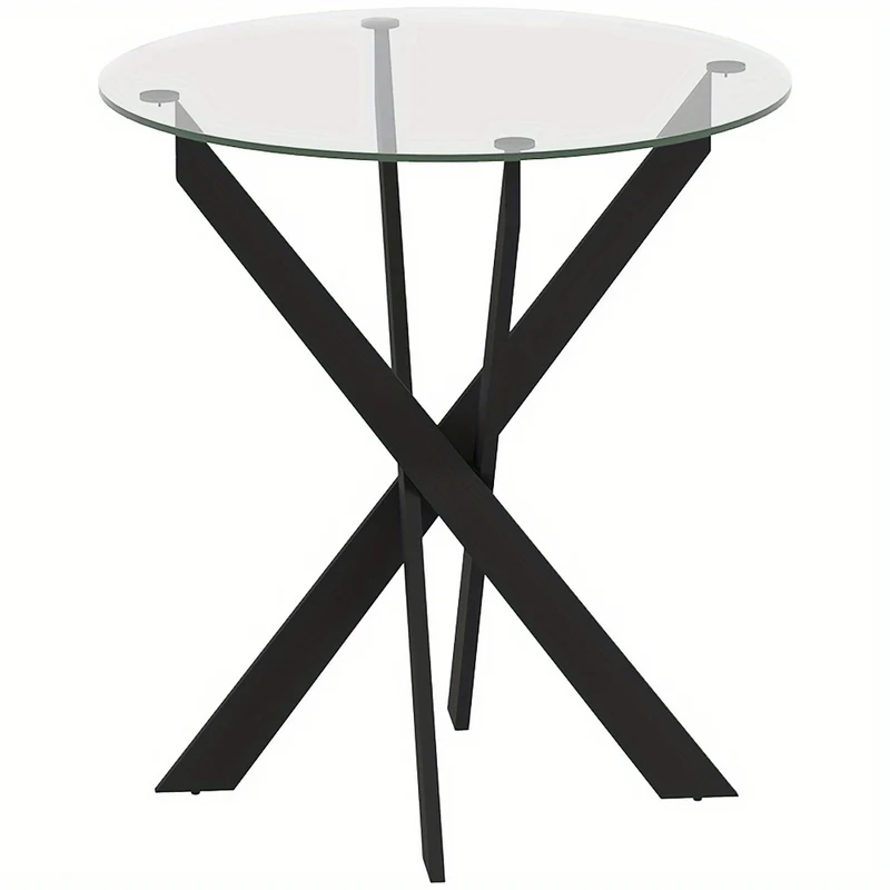 Eettafel – Ronde Tafel – Keukentafel – Diner tafel – Glas Tafel – 70x75 cm – Gehard Glas Blad – Zwart Metalen Poten