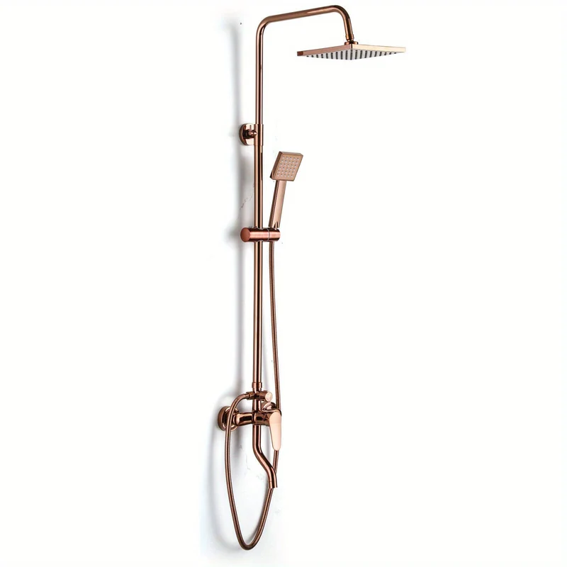 Doucheset – Douche Systeem – Regendouche – Handdouche – Douchekop – Roségoud Design – Vierkante Regendouche 20 cm – Verstelbare Douchepaal 73-120 cm